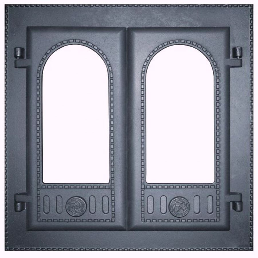 Дверца каминная ДК-6С, со стеклом, крашенная 2-х створчатая, 410*410